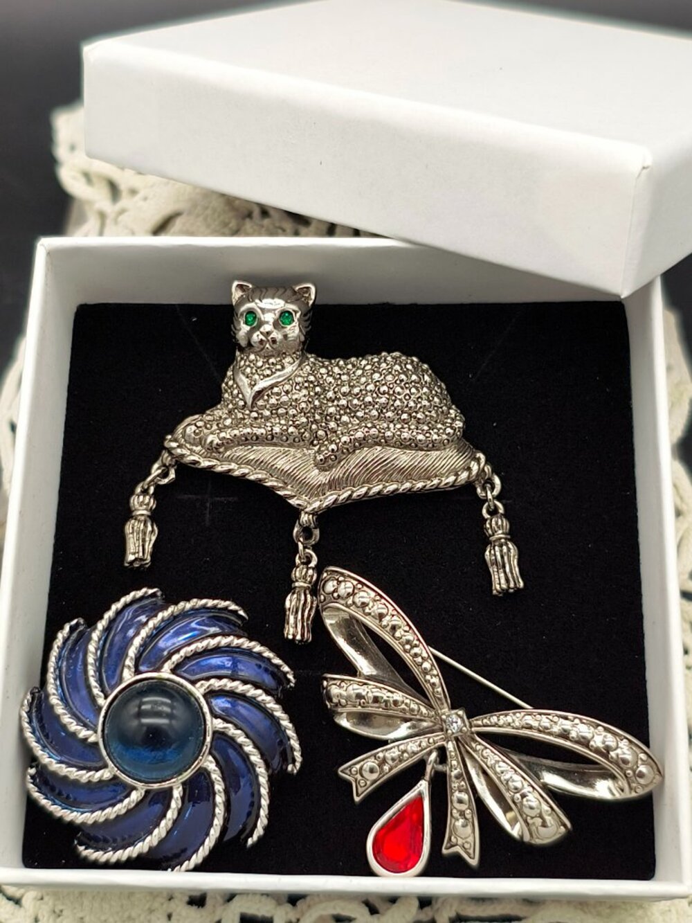 Vintage Avon Brooch Lot | Cat Pin, Sparkle Bow & Enamel Swirl
